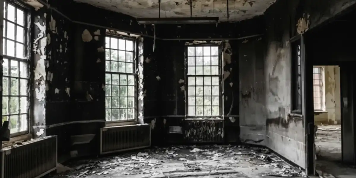 fire damage repair addressing severe interior damage and smoke residue inside a burned home in Philadelphia, PA