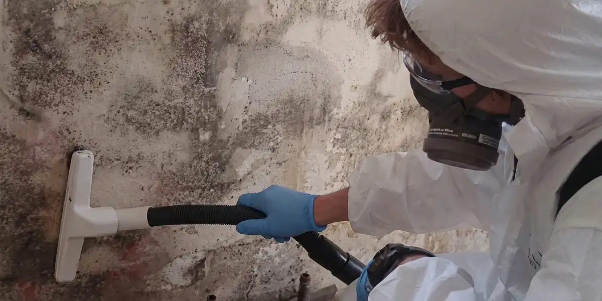 professional mold removal technician wearing protective equipment removing mold from a wall in Philadelphia, PA